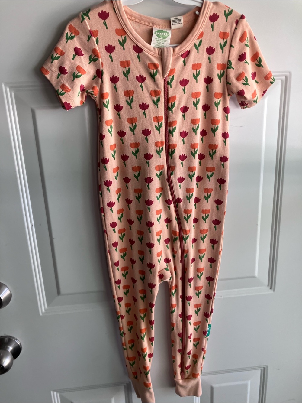 Parade GOTS 100% organic cotton pink coral flowers short sleeve romper 3T
